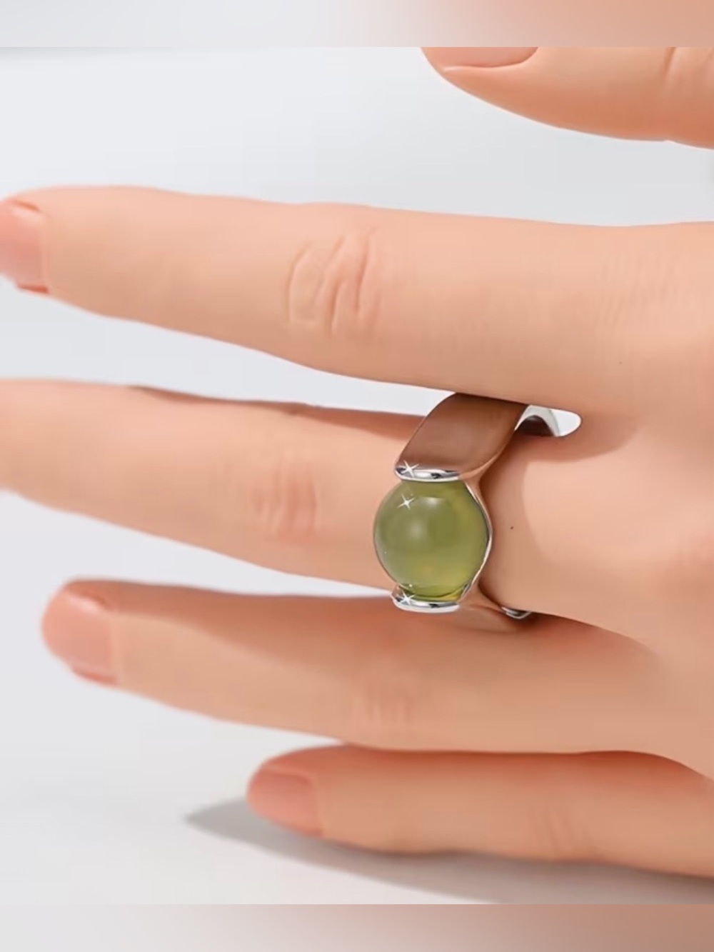 Silver Plated Ring with Olive Green Cabochon Stone Size 7 - Picture 2 of 4